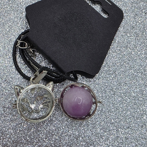 Purple Kunzite Sphere Crystal w/ Kitty Cat Locket Necklace - Picture 4 of 7